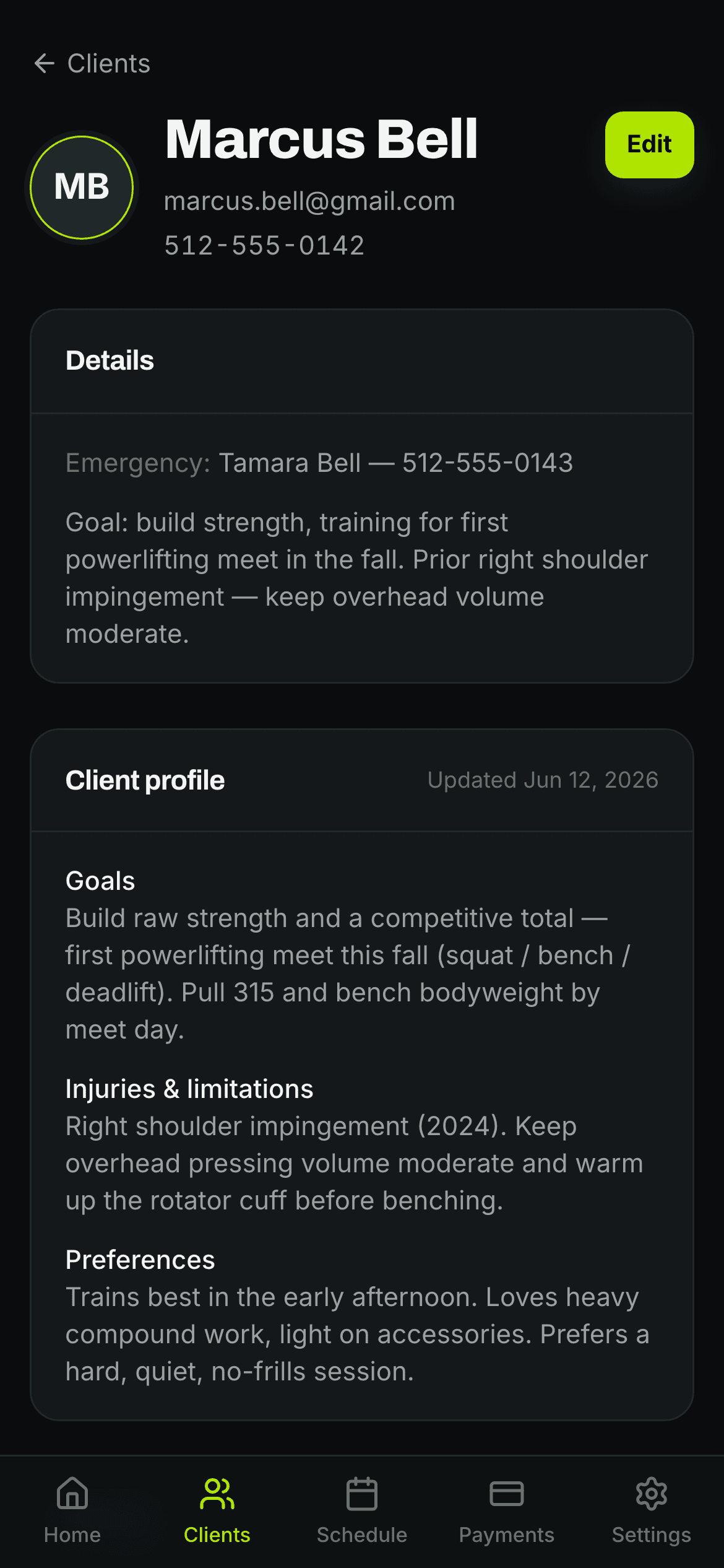 A client profile in Roster showing goals, contact details, and billing